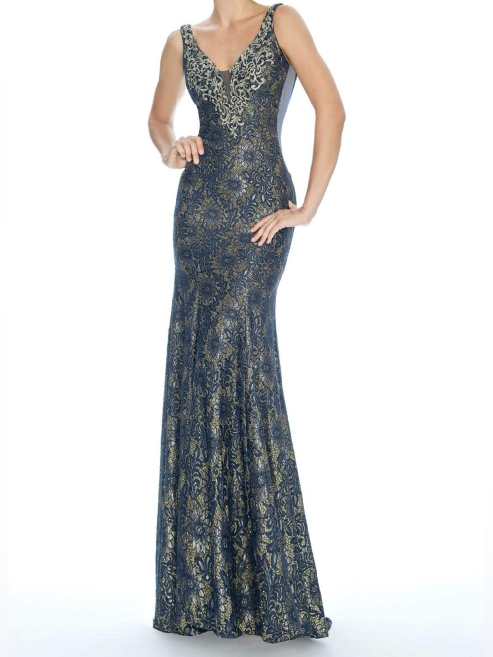STELLA COUTURE Women’s Navy and Gold Lace V-Neck Mermaid Promo  Dress  Size 2